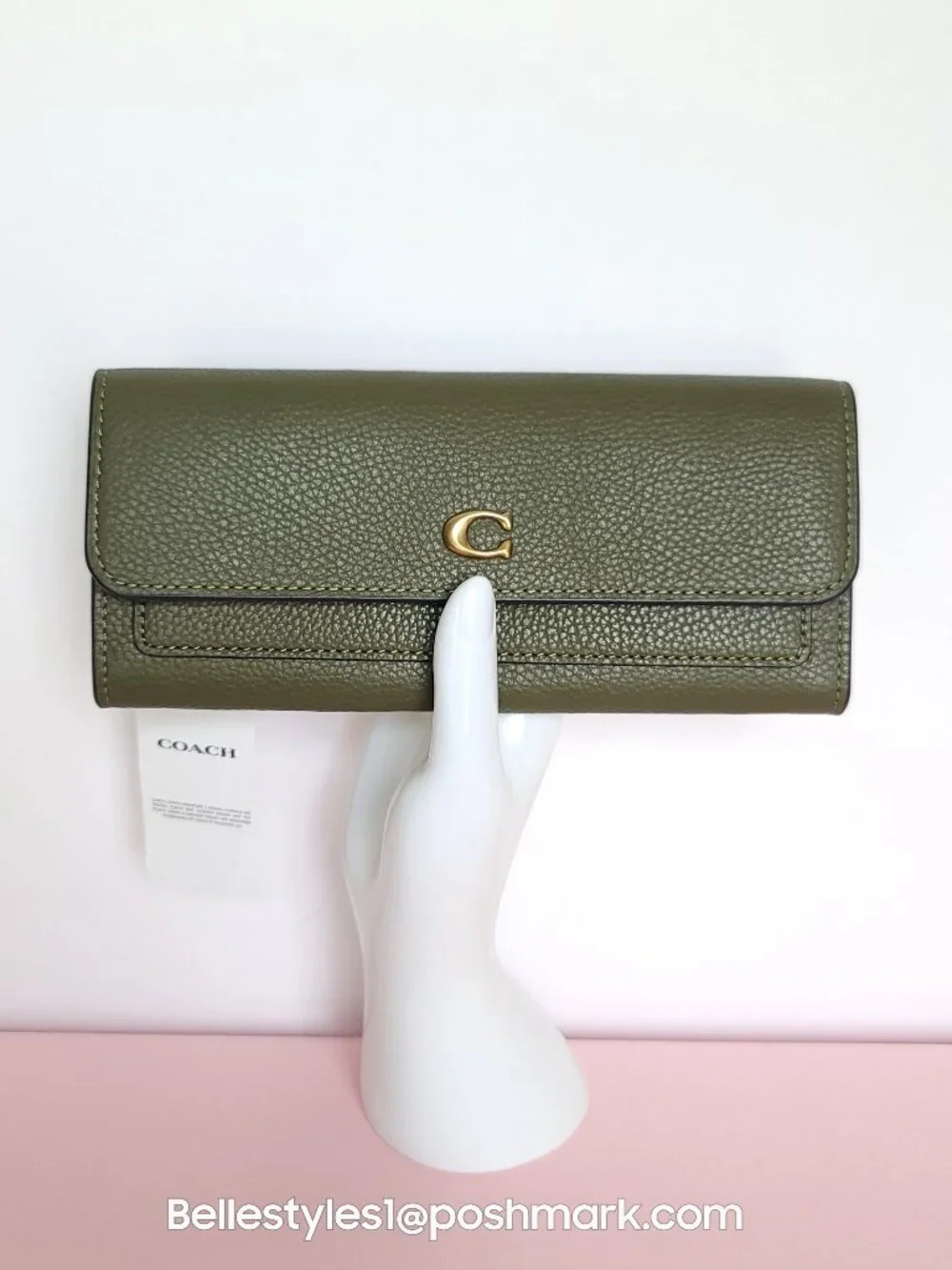 COACH Mila Pebbled Leather Long Flap Wallet- Olive color🎈